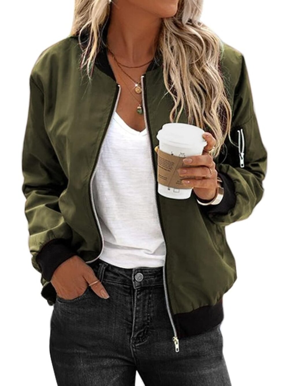 Women's Green Casual Coat Zip Up Spring Fall Clothes with Pockets Bomber Jacket
